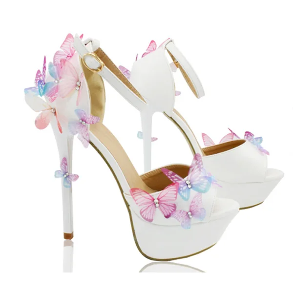 Chic / Beautiful Wedding Shoes 2018 Leather Pearl Butterfly Ankle Strap 14 cm Stiletto Heels Open / Peep Toe Wedding High Heels White