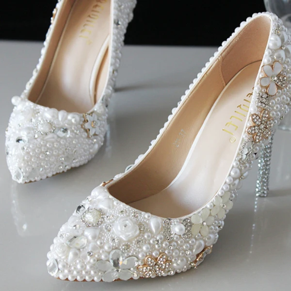 Fabuleux Ivoire Cristal Chaussure De Mariée 2021 Perle Faux Diamant 10 cm Talons Aiguilles Talons Hauts À Bout Pointu Mariage Escarpins