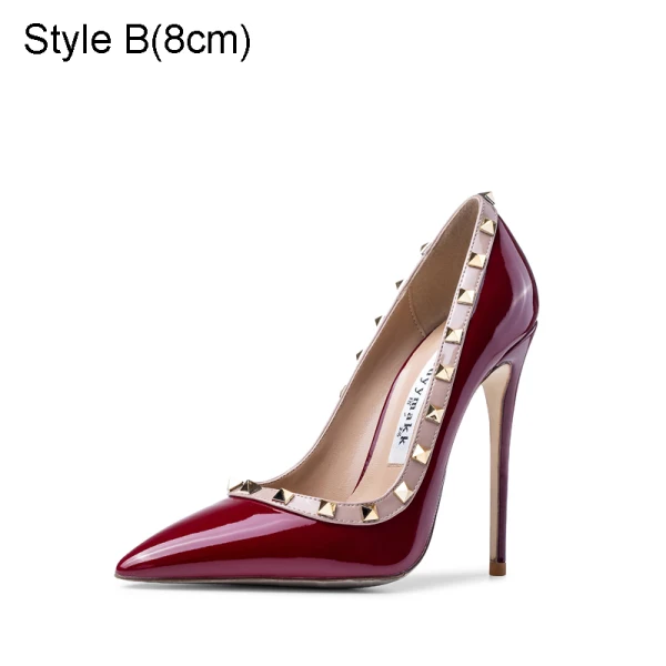 Sexy Burgundy Evening Party Rivet Pumps 2021 Patent Leather 10 cm Stiletto Heels High Heels Pointed Toe Pumps