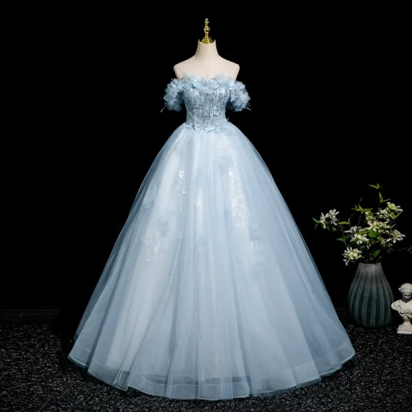 Chic / Beautiful Sky Blue Beading Sequins Appliques Prom Dresses 2025 Ball Gown Off-The-Shoulder Short Sleeve Backless Floor-Length / Long Formal Dresses