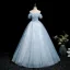 Chic / Beautiful Sky Blue Beading Sequins Appliques Prom Dresses 2025 Ball Gown Off-The-Shoulder Short Sleeve Backless Floor-Length / Long Formal Dresses