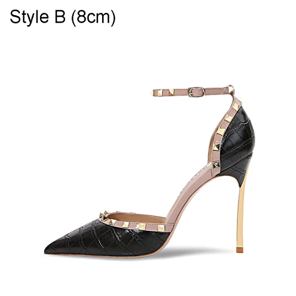 Sexy Noire Soirée Motif Alligator Sandales Femme 2021 Rivet Bride Cheville Talons Hauts 10 cm Talons Aiguilles À Bout Pointu Sandales