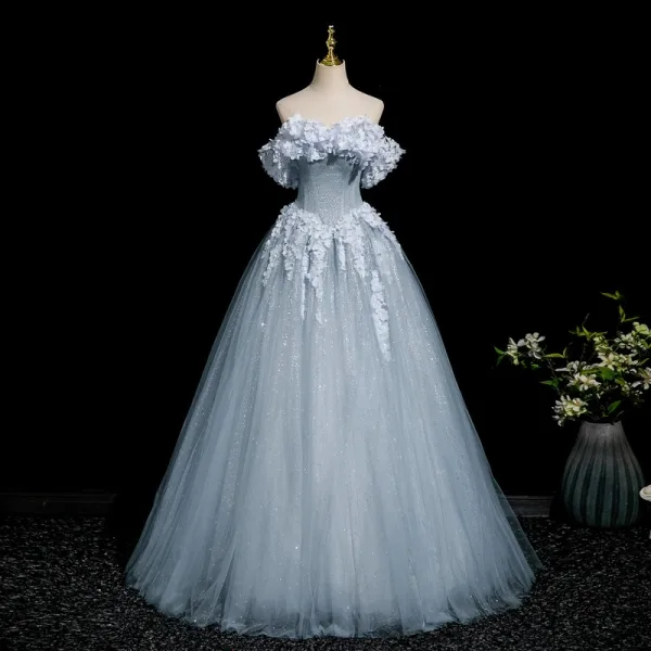 Elegante Himmelblau Glanz Applikationen Ballkleider 2025 Ballkleid Bandeau Ärmellos Rückenfreies Lange Ball Festliche Kleider