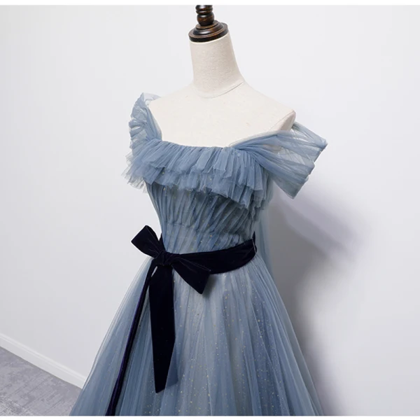 Fashion Sky Blue Glitter Prom Dresses 2021 A-Line / Princess Off-The-Shoulder Short Sleeve Backless Bow Floor-Length / Long Prom Formal Dresses