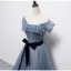 Fashion Sky Blue Glitter Prom Dresses 2021 A-Line / Princess Off-The-Shoulder Short Sleeve Backless Bow Floor-Length / Long Prom Formal Dresses