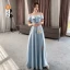 Modest / Simple Sky Blue Satin Bridesmaid Dresses 2021 A-Line / Princess Off-The-Shoulder Short Sleeve Backless Floor-Length / Long Bridesmaid Wedding Party Dresses