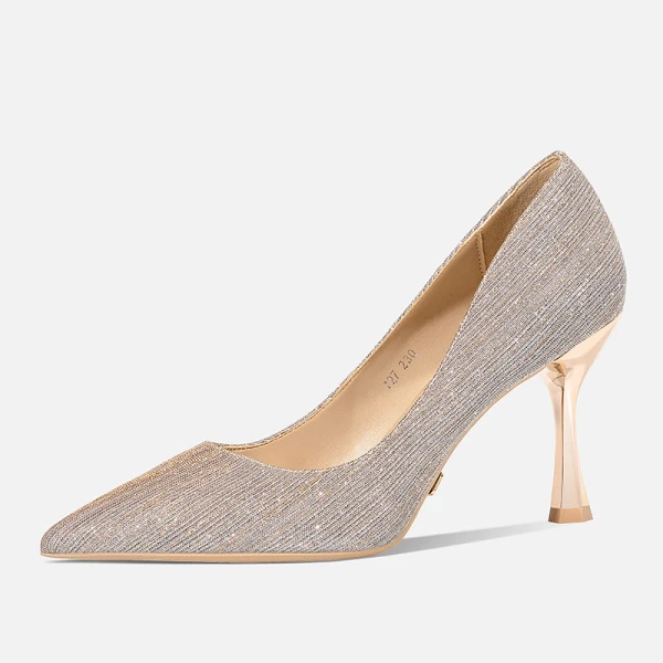 Charming Champagne Glitter Sequins Evening Party Pumps 2021 Leather 8 cm Stiletto Heels High Heels Pointed Toe Pumps