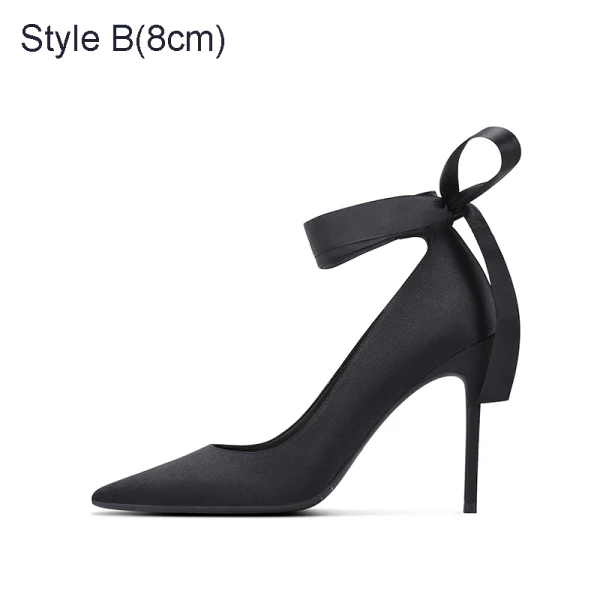 Élégant Noire Promo Satin Escarpins 2021 Bride Cheville Noeud 10 cm Talons Aiguilles Talons Hauts À Bout Pointu Escarpins