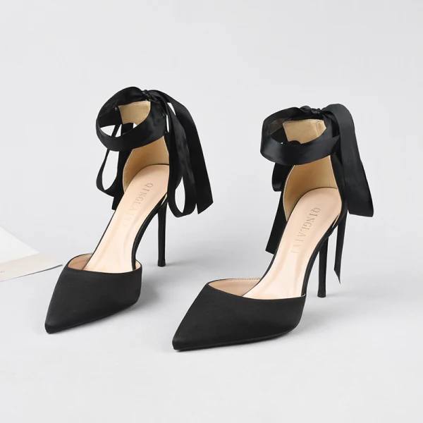 Sexy Champagne Soirée Satin Sandales Femme 2021 Bride Cheville Noeud 10 cm Talons Aiguilles Talons Hauts À Bout Pointu Sandales