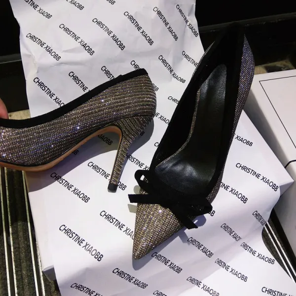 Scintillantes Noire Soirée Faux Diamant Escarpins 2021 Noeud 9 cm Talons Aiguilles À Bout Pointu Talons Hauts