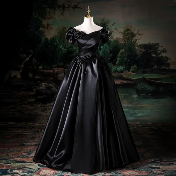 Vintage / Retro Black Prom Dresses 2025 Ball Gown Off-The-Shoulder Short Sleeve Backless Floor-Length / Long Prom Formal Dresses