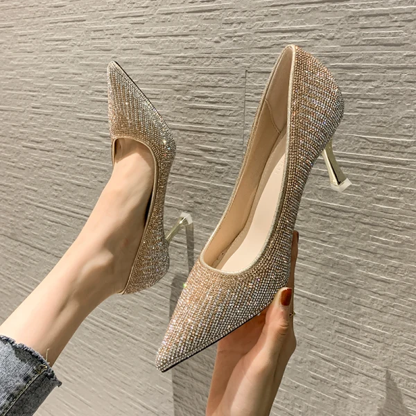 Charming Gold Evening Party Rhinestone Pumps 2021 7 cm Stiletto Heels High Heels Pointed Toe Pumps