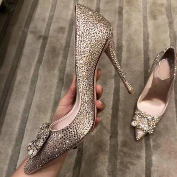 Błyszczące Czarne Wieczorowe Kryształ Czółenka 2021 Rhinestone 10 cm Szpilki Wysokie Obcasy Szpiczaste Czółenka