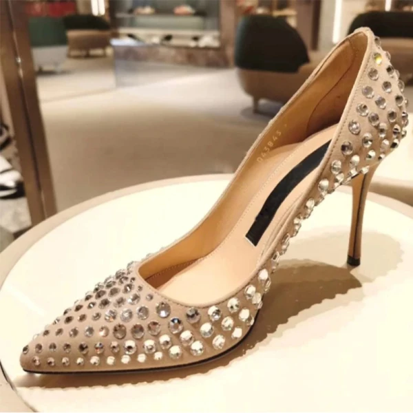 Sexy Tan Abend Strass Pumps 2021 Leder 10 cm Stilettos Hochhackige Spitzschuh Pumps