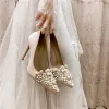 Elegante Champagner Perle Strass Brautschuhe 2021 Satin Hochhackige 10 cm Spitzschuh Hochzeit Pumps Thick Heels