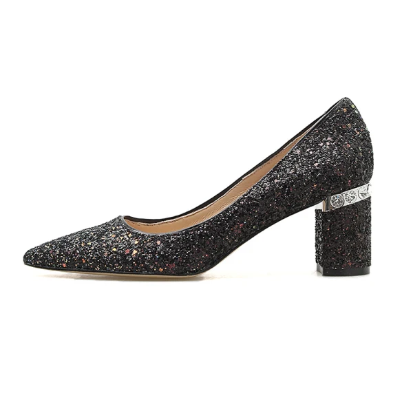 Glittrande Sexig Silver Afton Paljetter Pumps 2021 Läder 6 cm Rhinestone Tjocka Klackar Högklackade Spetsiga Pumps