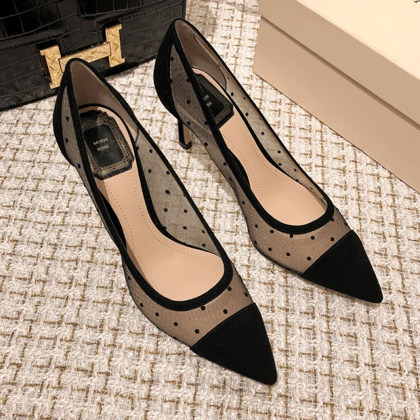 Chic / Beautiful Black Dating See-through Spotted Pumps 2021 8 cm Stiletto Heels High Heels Pointed Toe Pumps