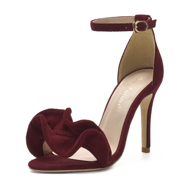 Sexy Burgundy Evening Party Suede Womens Sandals 2021 Leather Ankle Strap 10 cm Stiletto Heels High Heels Open / Peep Toe Sandals