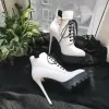 Fashion Winter Black Street Wear Lace-up Ankle Womens Boots 2021 13 cm Stiletto Heels Waterproof High Heels Leather Pointed Toe Boots