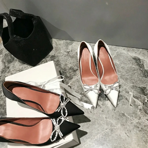 Charming Black Silk Satin Evening Party Pumps 2021 Bow Rhinestone High Heels 10 cm Stiletto Heels Pointed Toe Pumps