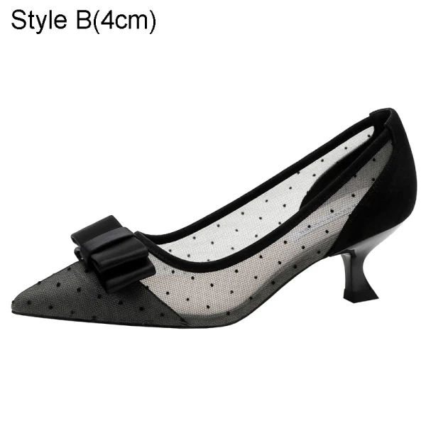 Lovely Black Dating Spotted See-through Bow Pumps 2021 4 cm Stiletto Heels Low Heel High Heels Pointed Toe Pumps