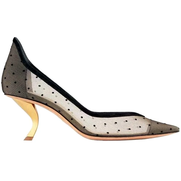 Charming Black Dating See-through Spotted Pumps 2021 Tulle High Heels 6 cm Stiletto Heels Pointed Toe Pumps