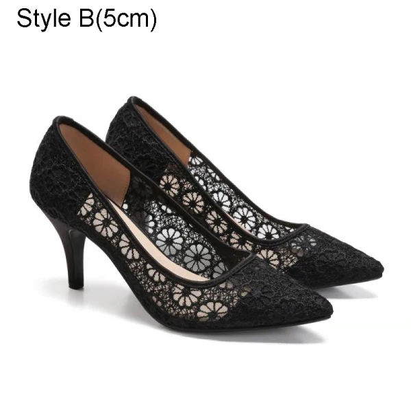Sexy Black Hall Lace Flower Pierced Pumps 2021 Tulle 7 cm Stiletto Heels Pointed Toe High Heels