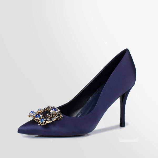 Elegant Sky Blue Cocktail Party Rhinestone Pumps 2021 Leather 8 cm Stiletto Heels Pointed Toe High Heels