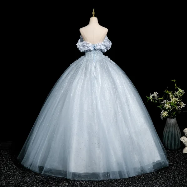 Elegante Himmelblau Glanz Applikationen Ballkleider 2025 Ballkleid Bandeau Ärmellos Rückenfreies Lange Ball Festliche Kleider