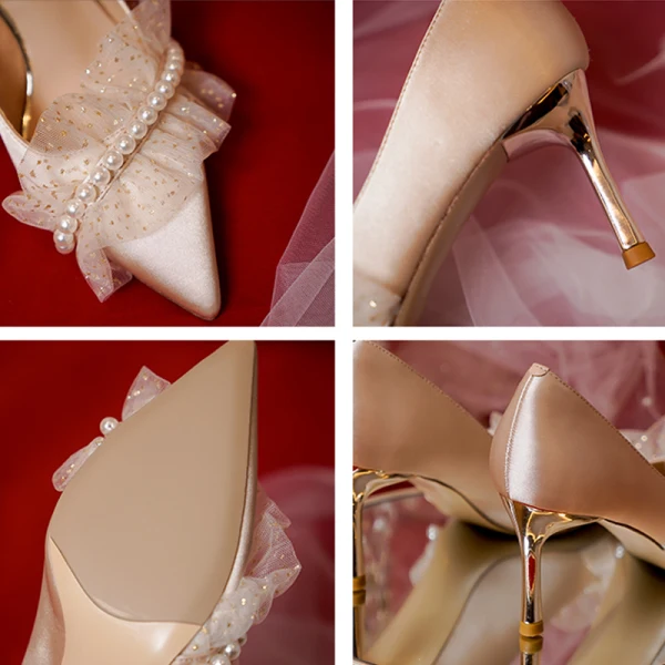 Elegant Champagne Pearl Wedding Shoes 2021 Satin High Heels 7 cm Stiletto Heels Pointed Toe Wedding Pumps