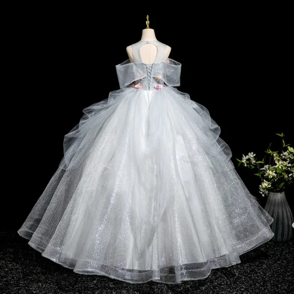 Blumenfee Silber Applikationen Fallende Rüsche Ballkleider 2025 Ballkleid Rundhalsausschnitt Kurze Ärmel Rückenfreies Lange Festliche Kleider