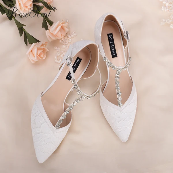 Charming Ivory Satin Wedding Shoes 2021 Rhinestone T-Strap 8 cm Stiletto Heels Pointed Toe Wedding High Heels