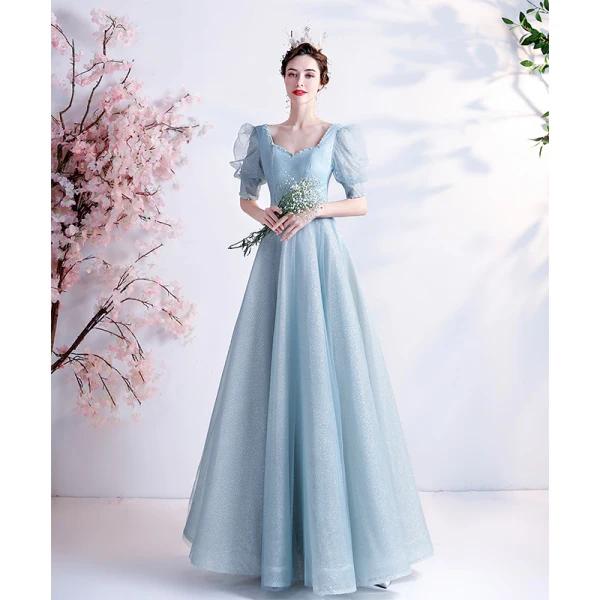 Vintage / Retro Sky Blue Prom Dresses 2021 A-Line / Princess Square Neckline Beading Pearl Sequins 1/2 Sleeves Backless Floor-Length / Long Prom Formal Dresses