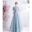 Vintage / Retro Sky Blue Prom Dresses 2021 A-Line / Princess Square Neckline Beading Pearl Sequins 1/2 Sleeves Backless Floor-Length / Long Prom Formal Dresses