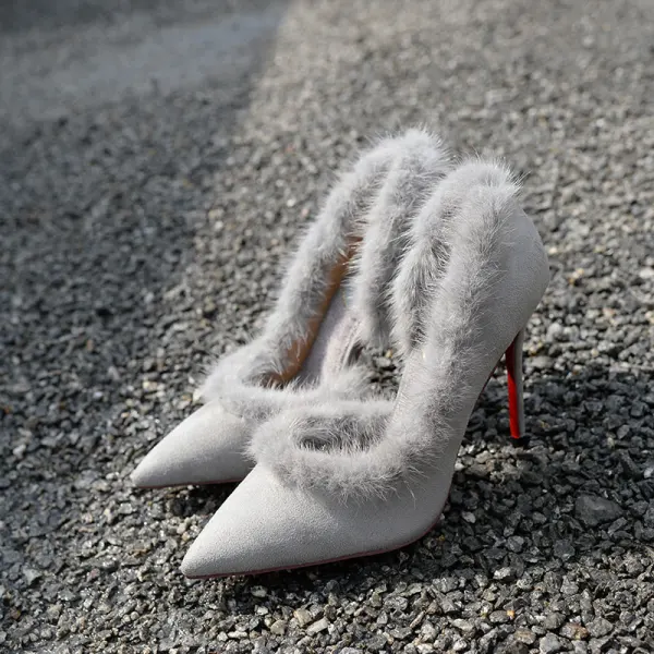 Schöne Schwarz Strassenmode Plüsch Wildleder Damenschuhe 2021 10 cm Stilettos Spitzschuh Offene Seite Hochhackige