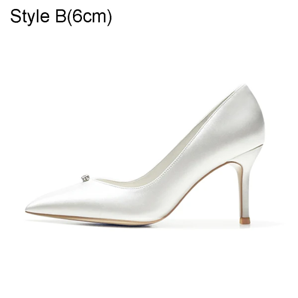 Elegant Modest / Simple Ivory Rhinestone Wedding Shoes 2021 Satin Leather 8 cm Stiletto Heels Pointed Toe Wedding Pumps High Heels