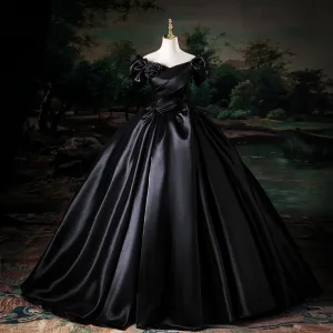 Vintage Retro Black Prom Dresses 2025 Ball Gown Off The Shoulder Short Sleeve Backless Floor Length Long Prom Formal Dresses