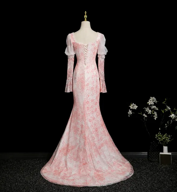 Chic / Beautiful Blushing Pink Beading Lace Flower Split Front Prom Dresses 2025 Trumpet / Mermaid Square Neckline Long Sleeve Backless Sweep Train Formal Dresses