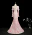 Chic / Beautiful Blushing Pink Beading Lace Flower Split Front Prom Dresses 2025 Trumpet / Mermaid Square Neckline Long Sleeve Backless Sweep Train Formal Dresses
