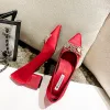 Chinese style Red Satin Rhinestone Wedding Shoes 2021 7 cm Thick Heels Pointed Toe Wedding High Heels Pumps