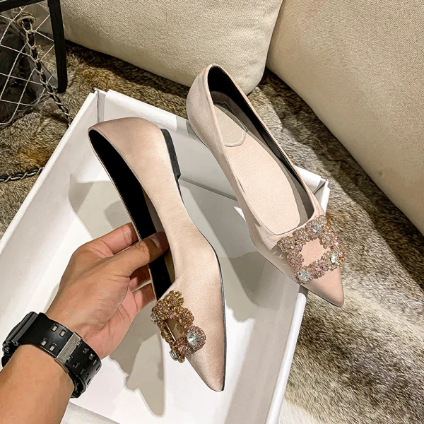 Elegant Champagne Satin Rhinestone Flat Pointed Toe Wedding Shoes 2021