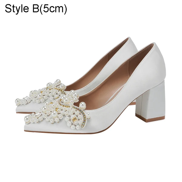 Elegant White Pearl Rhinestone Satin Wedding Shoes 2021 7 cm Thick Heels High Heels Pointed Toe Wedding Pumps