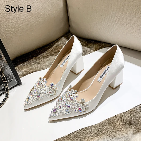 Elegant White Rhinestone Satin Wedding Shoes 2021 7 cm Thick Heels High Heels Pointed Toe Wedding Pumps