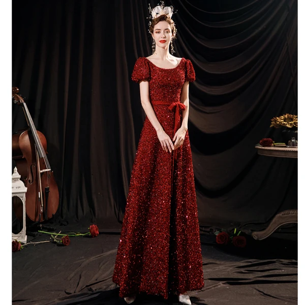 Sparkly Vintage / Retro Burgundy Prom Dresses 2021 A-Line / Princess Beading Sequins Sash Bow Scoop Neck Short Sleeve Backless Floor-Length / Long Prom Formal Dresses