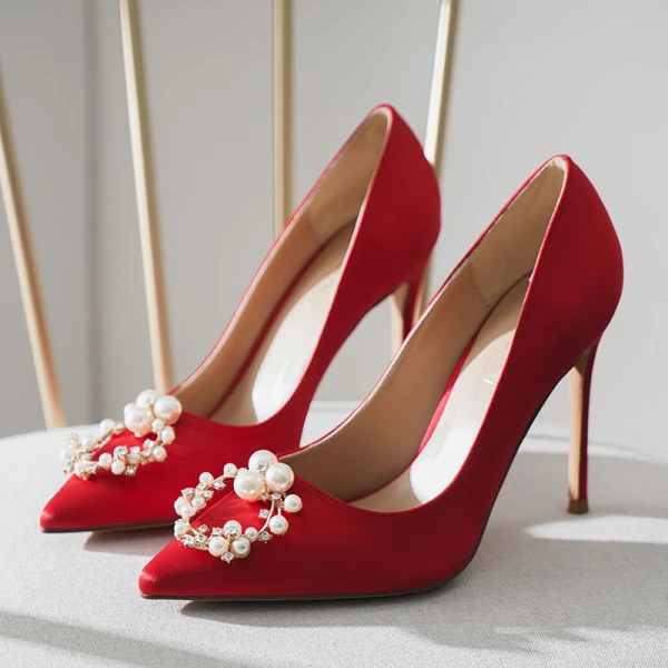 Mooie / Prachtige Champagne Huwelijk Bruidsmeisjes Pumps 2021 Parel Rhinestone Satijn 10 cm Naaldhakken / Stiletto Spitse Neus Hoge Hakken Pumps