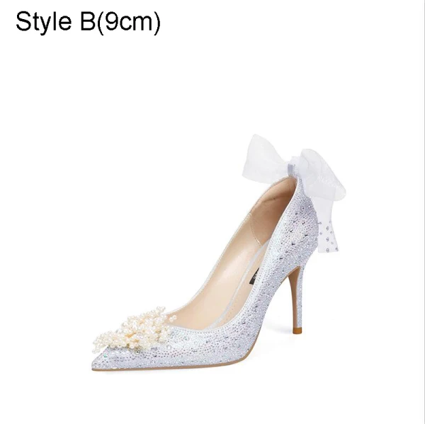 Charmig Glittrande Silver Rhinestone Pärla Brudskor 2021 Rosett Läder 10 cm Stilettklackar Spetsiga Bröllop Högklackade Pumps