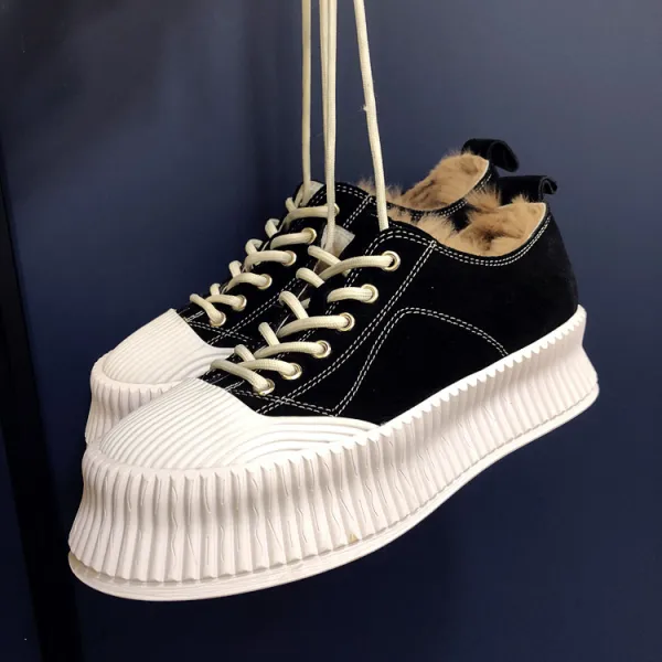 Fashion Modest / Simple Black Winter Casual Plush Canvas Platform Womens Shoes 2021 Round Toe