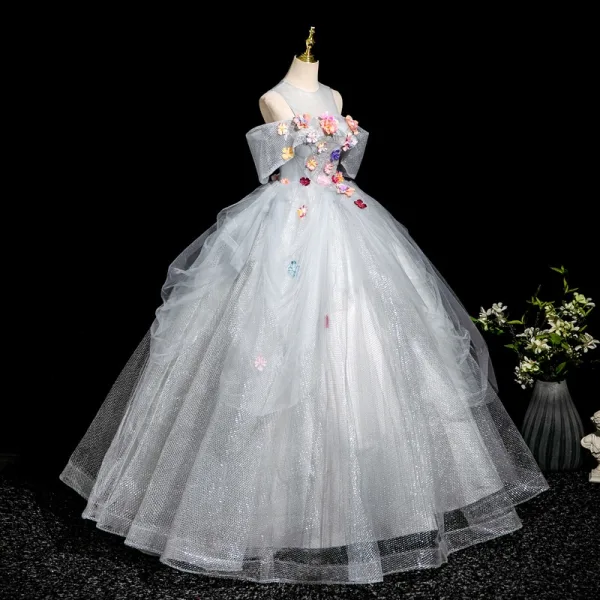 Blumenfee Silber Applikationen Fallende Rüsche Ballkleider 2025 Ballkleid Rundhalsausschnitt Kurze Ärmel Rückenfreies Lange Festliche Kleider