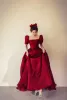 Vintage / Retro Modest / Simple Burgundy Prom Dresses 2021 A-Line / Princess Square Neckline Short Sleeve Backless Floor-Length / Long Prom Formal Dresses