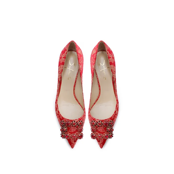 Stijlvolle Rode Zijde Rhinestone Bruidsschoenen 2021 Leer 6 cm Naaldhakken / Stiletto Hoge Hakken Spitse Neus Huwelijk Pumps